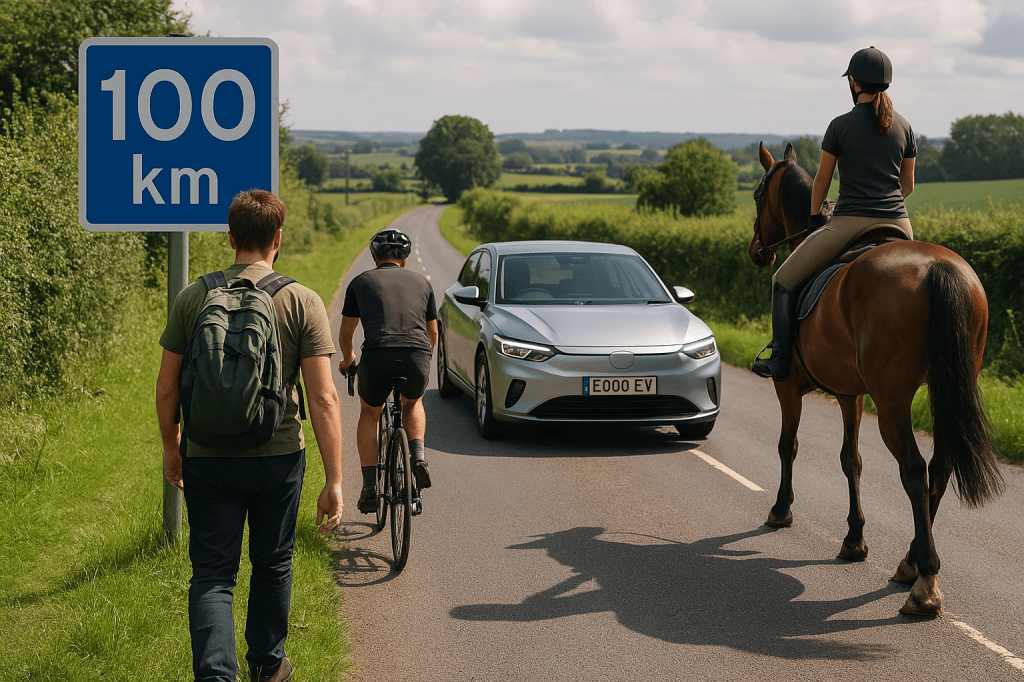 People walking, cycling, riding a horse or travelling by EV