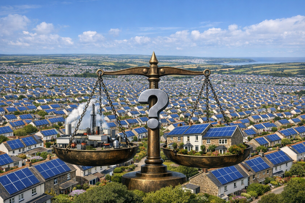 Image of Geothermal vs Solar in the balance; literally, but with every house also having solar