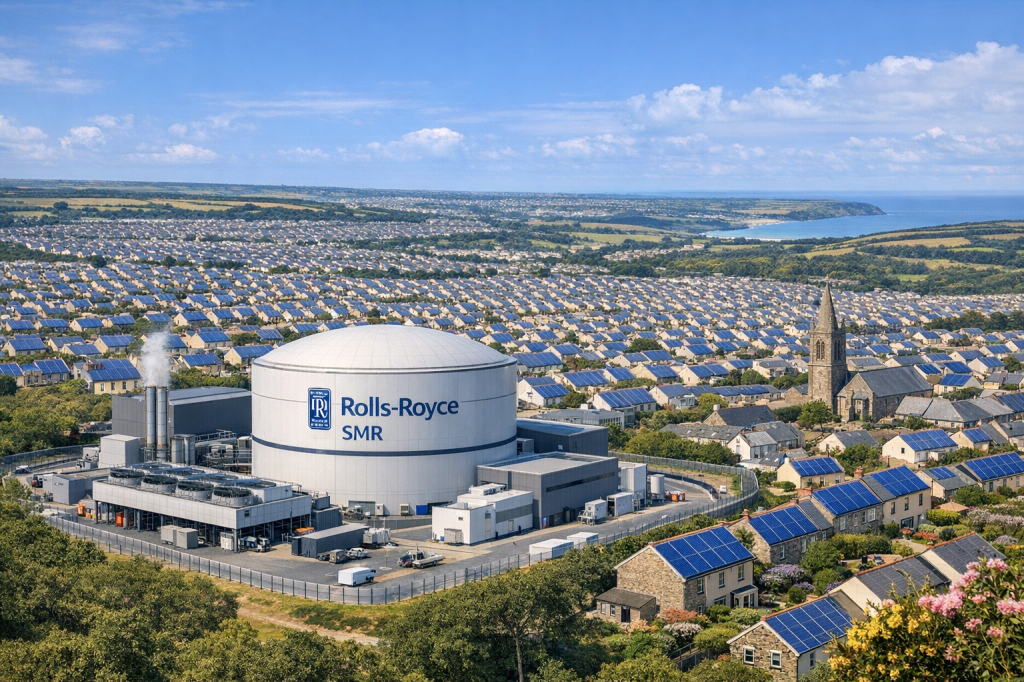 A SMR near a town, surrounded by solar equpped homes