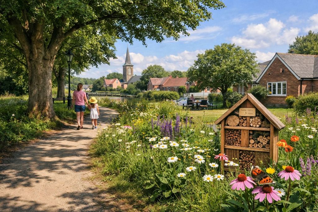 A nature trail through a rural village representing nature‑based cooling & biodiversity