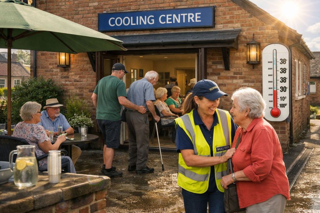 Community cooling centre in bright summer sunlight with volunteers assisting residents.