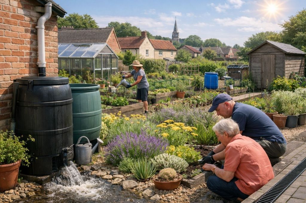 Water security and drought resilience image is ready — showing rainwater harvesting barrels, drought‑tolerant planting, and realistic West Hull village allotments under clear summer light.