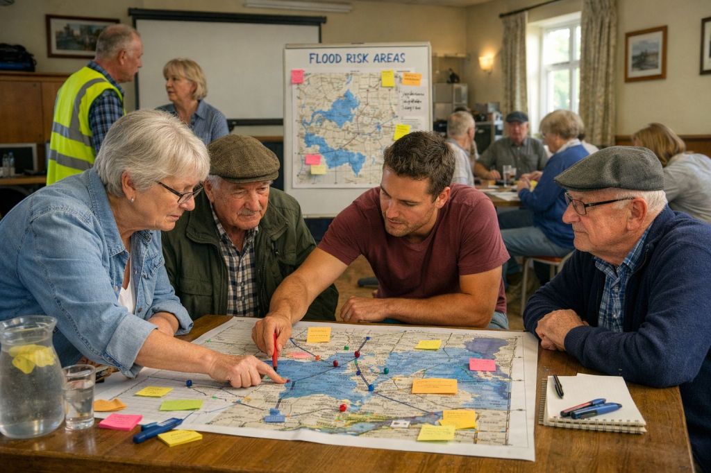 Community engagement and governance scene — showing residents mapping flood‑prone areas in a parish hall, with realistic lighting and people.