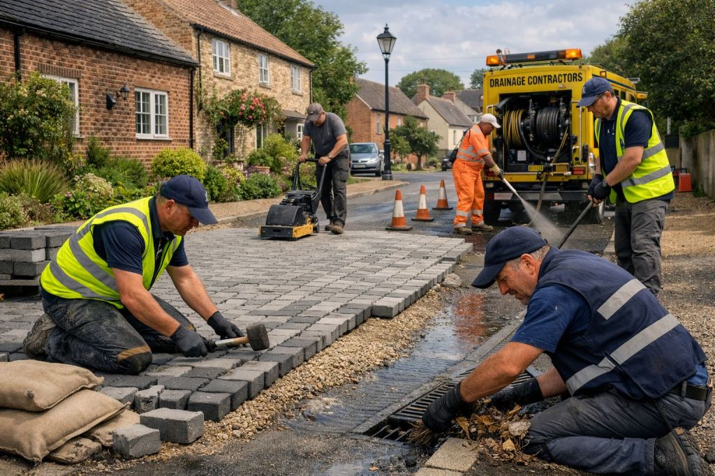 Infrastructure resilience image — showing permeable paving installation and drainage maintenance in a West Hull village street, with realistic lighting and people.